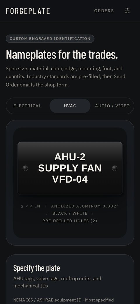 Forgeplate on a phone with the HVAC market selected, showing the same plate preview above the size, material, and color options.