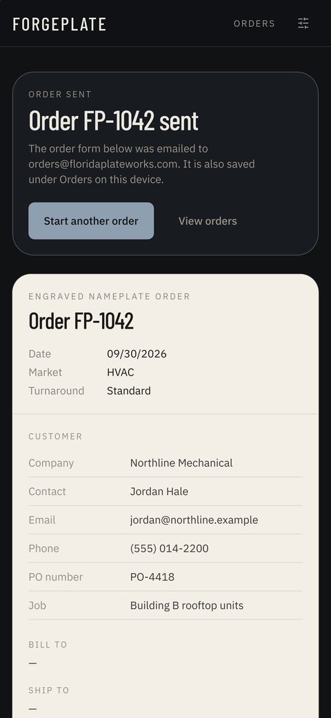 Forgeplate on a phone confirming sample order FP-1042 was sent: the order form was emailed to orders@floridaplateworks.com and saved under Orders on the device, above the order details for Northline Mechanical.